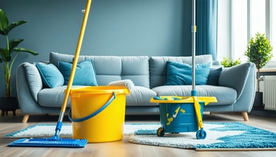 Illustration of a clean and organized living space with a mop and bucket.